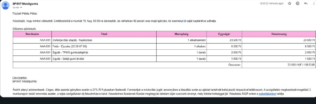 Tételes árajánlat email, ahogy az ügyfél megkapja